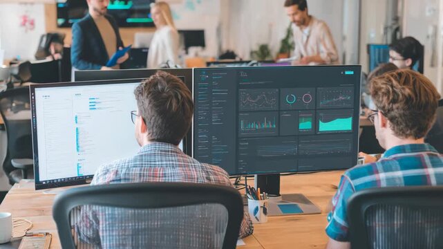 Team collaborating on targeted email campaign development with multiple screens displaying analytics brainstorming ideas and drafting messages.