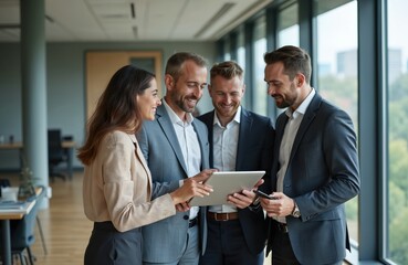 Business colleagues analyze tablet data in bright office. Diverse team discusses project strategy, shares ideas, and plans success. Professionals collaborate, plan, and work together using tech.