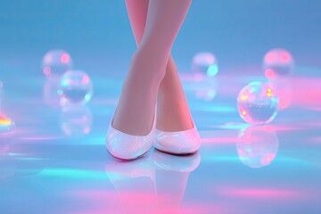 Elegant legs in white shoes gracefully crossed, surrounded by gl