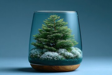 Lush miniature tree encased in glass, surrounded by white snow,