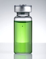 A clear glass vial, filled with a vibrant, lime-green liquid, is presented against a neutral background.  A small droplet rests on the surface of the liquid.  The vial has a silver-toned cap