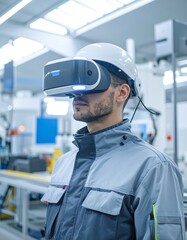 Factory worker in VR headset, focused