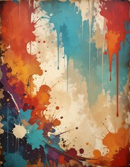 Fototapeta premium Abstract splattered paint on aged paper. Vibrant colors drip and splatter across a textured, vintage-toned background