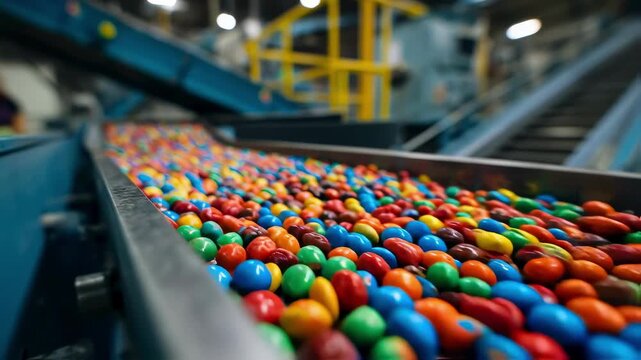 Medium shot capturing a full bin of assorted bulk candies sharply focused with blurred industrial equipment emphasizing efficient sorting and division processes