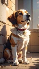 Digital illustration of a beagle puppy sitting outdoors, sunlit and looking upwards