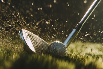 Close-Up Golf Club Hitting Ball in Motion with Flying Dirt Particles