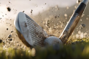 Close-Up Golf Club Hitting Ball in Motion with Flying Dirt Particles