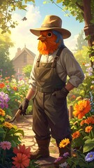 A  bird farmer in overalls stands in a vibrant garden