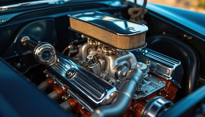 Detailed classic car engine gleams with chrome. Gold air filter, silver blocks, orange manifold show power. Restored vintage motor for driving pleasure auto show. Precision parts reveal mechanical