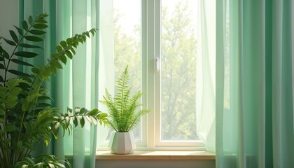 Fototapeta premium Potted plants sit on windowsill near window with mint green curtains. Sunlight streams through the glass illuminating indoor greenery. Peaceful home interior scene.