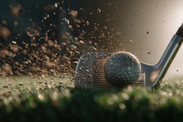 Close-Up Golf Club Hitting Ball in Motion with Flying Dirt Particles