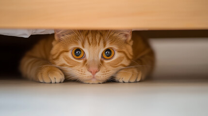 Ginger cat peeking out from under furniture with bright eyes. Close-up shot of a feline exploring its surroundings with curiosity and caution.
