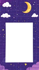 A simple illustration of a blank white sheet, with a purple background featuring stars and a moon