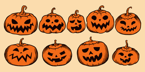 Set of cute and scary halloween pumpkins for celebration or invitation posters and cards. Hand drawn engraved spooky vegetables