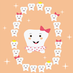 First tooth in girls, baby teeth, upper and lower jaw, tooth with crown, bow, cute tooth