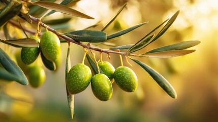 A branch of an olive tree laden with vibrant green olives. The warm sunlight creates a peaceful atmosphere highlighting the natural beauty of the olives and leaves.