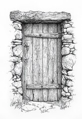 A simple pencil drawing of an old wooden door, surrounded by stone walls
