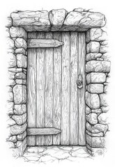 A simple pencil drawing of an old wooden door, set against a backdrop of stone walls