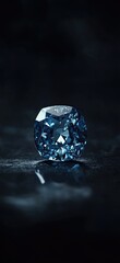 A single blue diamond shining in the darkness, illuminated by studio lighting