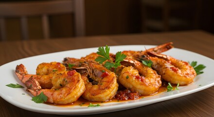 Close up of grilled shrimp with sauce and parsley on a white plate on a wooden surface top view