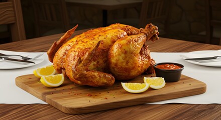 A roasted chicken served on a wooden board with lemon wedges and a small bowl of red sauce on a table