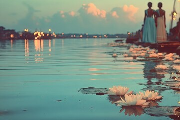 Gentle sunset reflects on calm waters, framed by blooming lilies