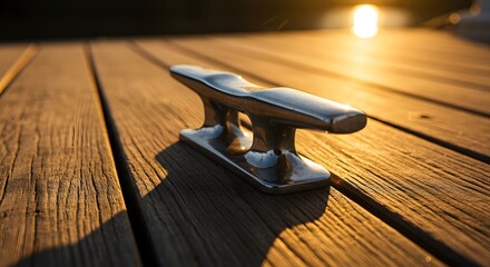 Close up of a metal boat cleat on a wooden dock with sunlight reflecting off the water in background