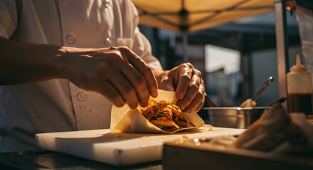 A chef prepares a wrap with fresh ingredients on a cutting board at an outdoor food preparation area