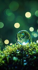 A single water droplet glistening on moss, surrounded by shimmering lights and bokeh effects
