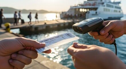 Scanning a ferry ticket with a barcode scanner at a dock with a ferry in the background at sunset