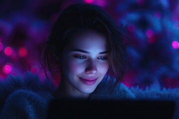 Smiling young woman immersed in digital world, colorful lights e