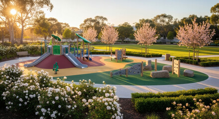 Inclusive playground integrated into public park with adaptive slides, ramps, and tactile play panels, surrounded by flowering shrubs, small ornamental trees, and trimmed hedges