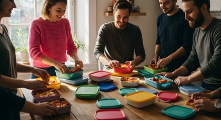 A group of friends packing food into colorful containers on a wooden table in a well lit room
