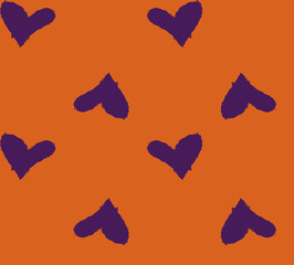 Seamless purple brush hearts on orange background, bold modern romantic pattern