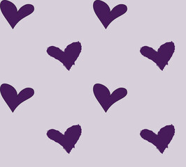 Seamless brush stroke purple hearts on gray background, artistic romantic pattern