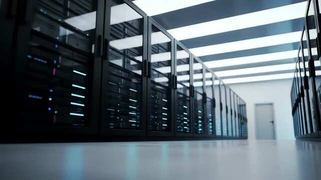 A slow cinematic dolly shot through a futuristic data center aisle with glowing server racks