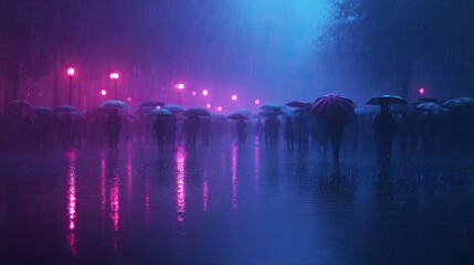 Mysterious scene of silhouettes under umbrellas, illuminated by