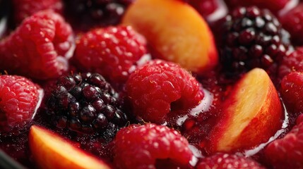 A colorful mix of raspberries blackberries and peach slices float in a rich fruity sauce perfect for a summer party or dessert. The dish looks inviting and delicious.