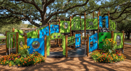 a creative adaptive play structure, wood and metal panels painted green and blue, inclusive playground at the park