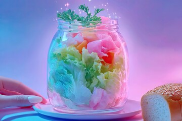 Colorful salad layered in jar with vibrant hues and fresh herbs,