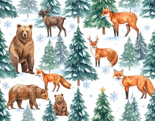 Watercolor pattern of woodland animals in a snowy forest. Multiple bears, deer, foxes, and reindeer are depicted amongst evergreen trees dusted with snow. The design has a festive, wintery feel