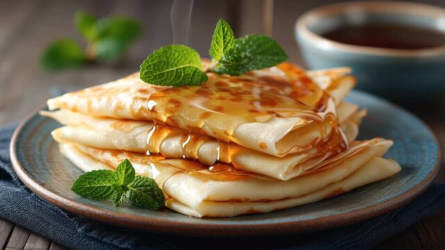Pouring golden syrup over a stack of fresh homemade crepes. Close up of thin pancakes garnished with mint for breakfast. Sweet dessert and brunch food concept