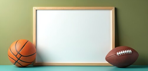 Blank whiteboard frames basketball and american football ready for your message. Use for sports plans, team strategy, game announcements, or promotion ideas.