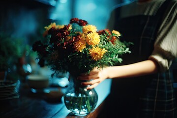 Brightly colored flowers arranged in glass vase, softly illumina