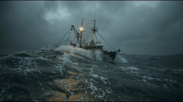 Dramatic cinematic close-up of a fishing ship battling through a violent ocean storm, surrounded by massive waves, lightning flashes and roaring winds as the crew fights to stay afloat against nature