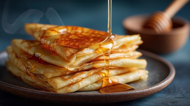 Pouring golden honey over a stack of hot crepes. Freshly made thin pancakes for a sweet breakfast or dessert. Appetizing food cinemagraph