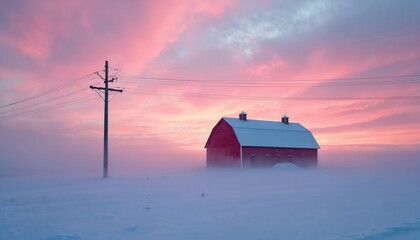 Red barn and utility pole in a foggy winter landscape at dawn. The sky displays soft pink and blue hues. Snow covers the ground, creating a peaceful rural scene.