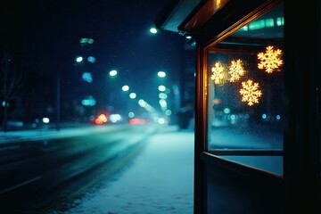 Bright snowflakes illuminate bus stop, contrasting with quiet sn