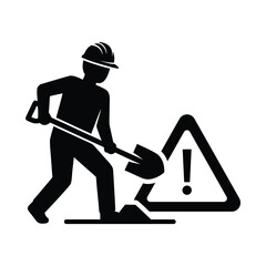 Vector art of silhouette of a construction worker digging with a shovel next to a warning sign