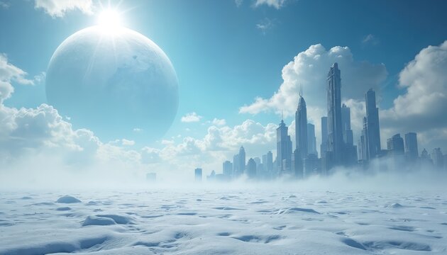 Futuristic icy city skyline under a large moon or planet. Snowy barren landscape stretches toward distant skyscrapers shrouded in mist. Bright sun shines in a cloudy blue sky.